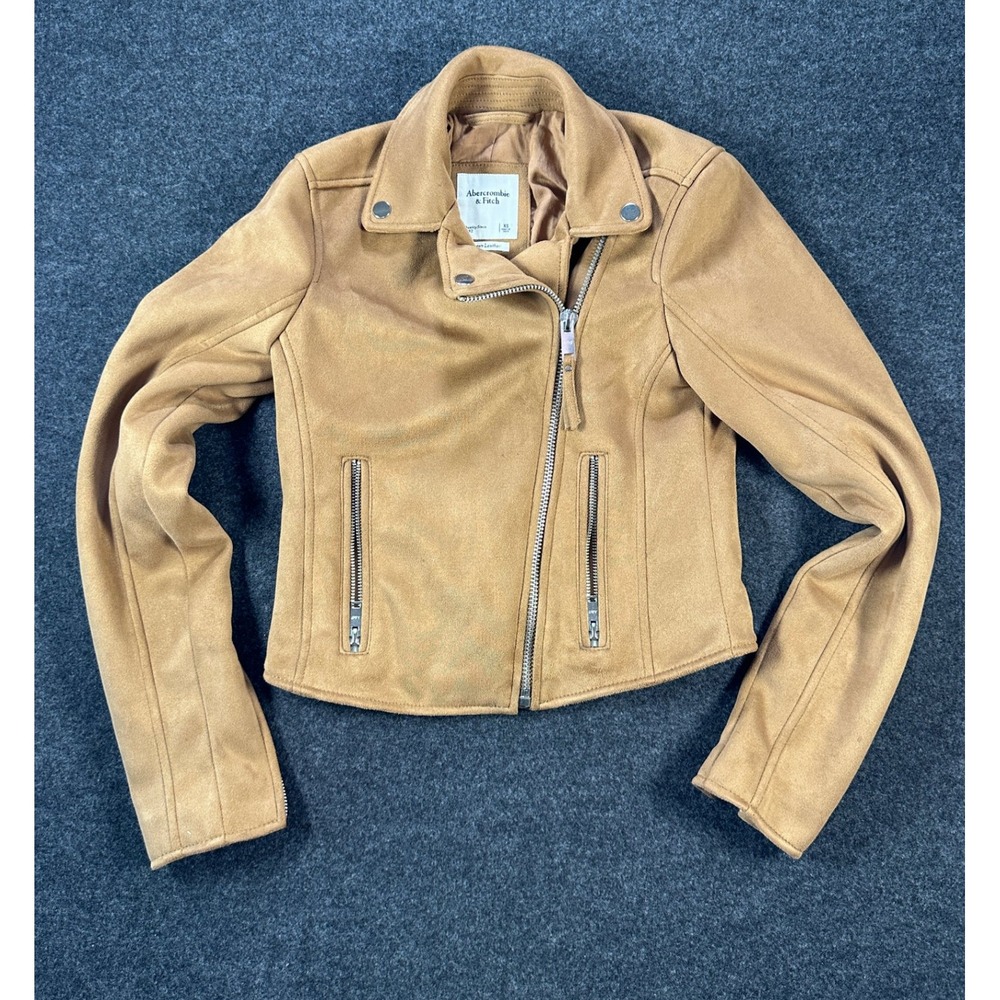 Abercrombie & Fitch Womens XS Tan Faux Suede Vegan Leather Moto Jacket 0176